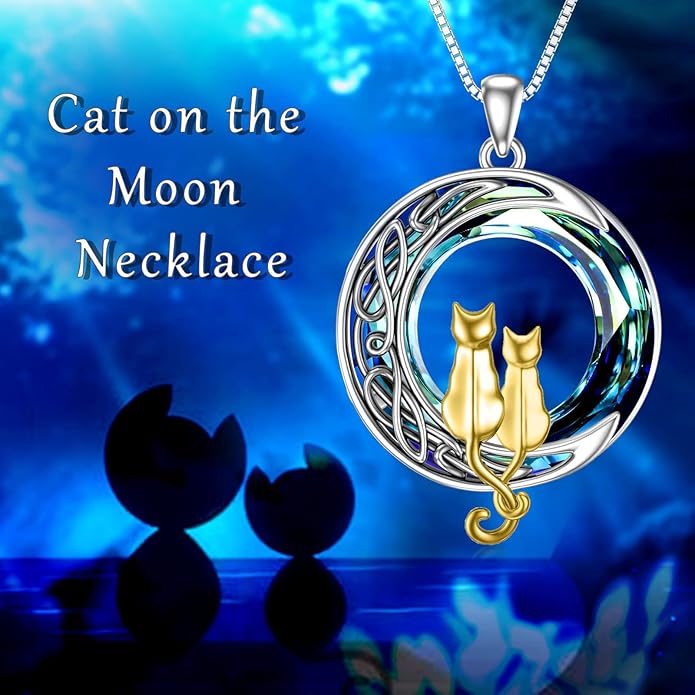 TOUPOP Christmas Cat Gifts for Cats Lovers One Two Three Four Cats Necklace Sterling Silver Cats on the Moon Pendant Necklace with Blue Circle Crystal Birthday Christmas Celtic Jewelry Gifts for Women