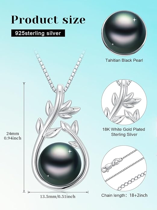 KANNSOAR Tahitian Black Pearl Pendant Necklace AAAA 18K White Gold Plated 925 Sterling Silver Black Pearl Jewelry Gift for Women Mother Wife Her for Anniversary Christmas Birthday