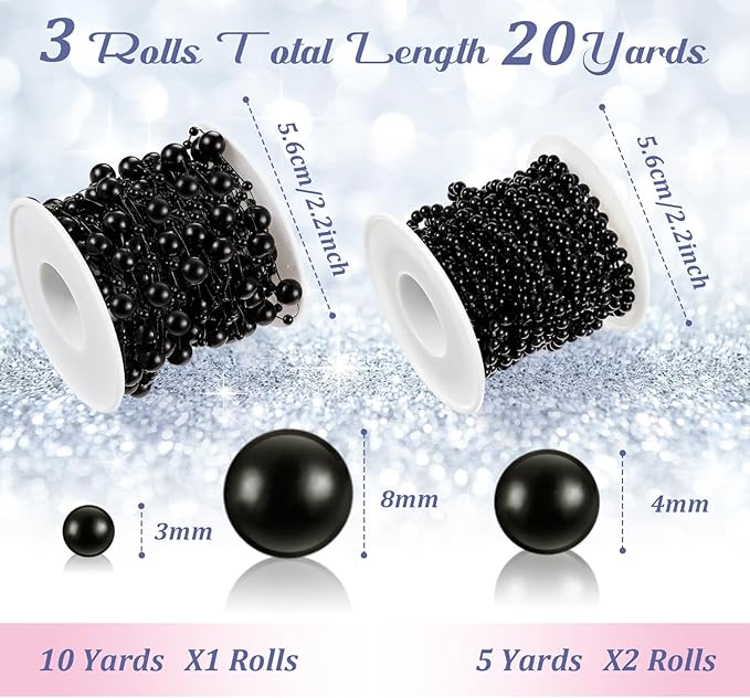 Bonuci 3 Rolls 66 Feet Pearls String Garland Faux Pearl Garland Spool Roll Strand Decoration Artificial Beads Chain Trim for Crafting String of Flowers Valentine Wedding Party(Black,4mm)