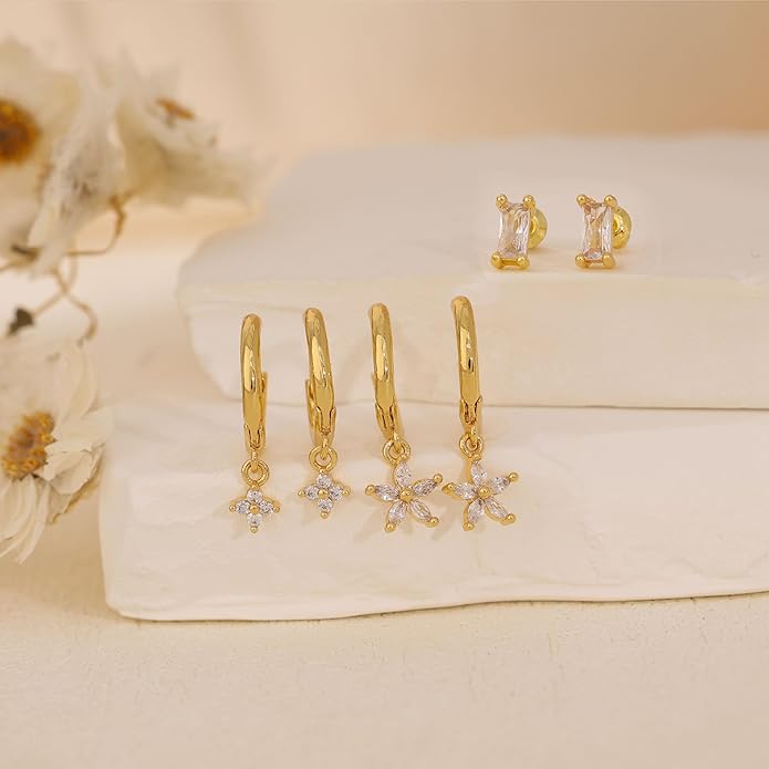 Gold Plated Earrings for Women, 14k Gold Plated Earring Stack Hypoallergenic Pearl Drop Earring Dainty Earrings for Women Trendy Cute Small Huggie Hoop Earring Fashion Womens Jewelry