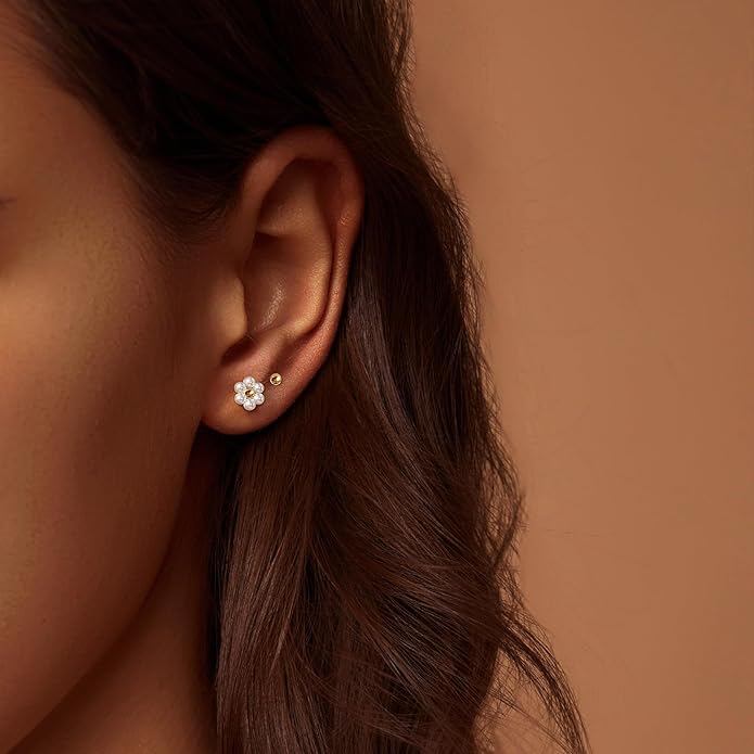 IMBOS Pearl Earrings 14k Gold Plated Daisy Flower Stud Earrings for Women Ball Stud Flat Back Earring Hypoallergenic Statement Earring Trendy Jewelry Gift for Women