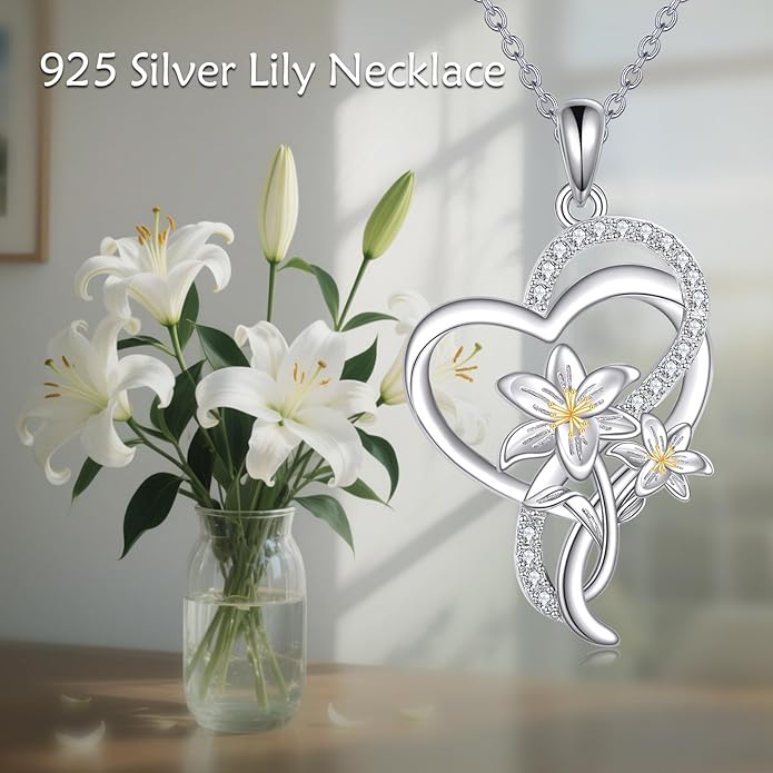 Tulip Sunflower Rose Lily of the Valley Sterling Silver Flower Heart Pendant Necklace Gifts for Women Mother Flower Lover