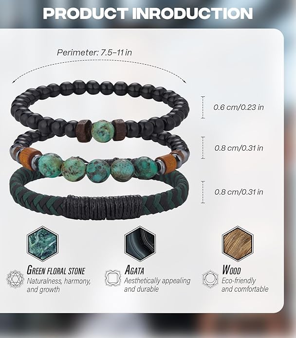 3pc Mens Beaded Bracelets Silver Stainless Steel Chain Bracelet for Men Handmade Braided Bracelet Sets Jewelry Gifts for Men