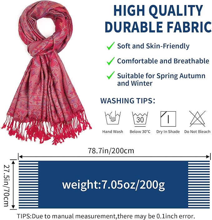 QIUTIMIY Paisley Pashmina Shawl Wrap Women Reversible Vintage Jacquard Pashmina Rave Scarf with Fringe for Evening, Wedding
