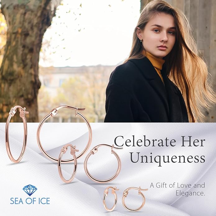 SEA OF ICE 925 Sterling Silver Hoop Earrings for Women - Hypoallergenic Earrings for Women in Sterling Silver, Yellow Gold, Rose Gold or Black Rhodium | Sizes 12MM, 15MM, 20MM or Multipack