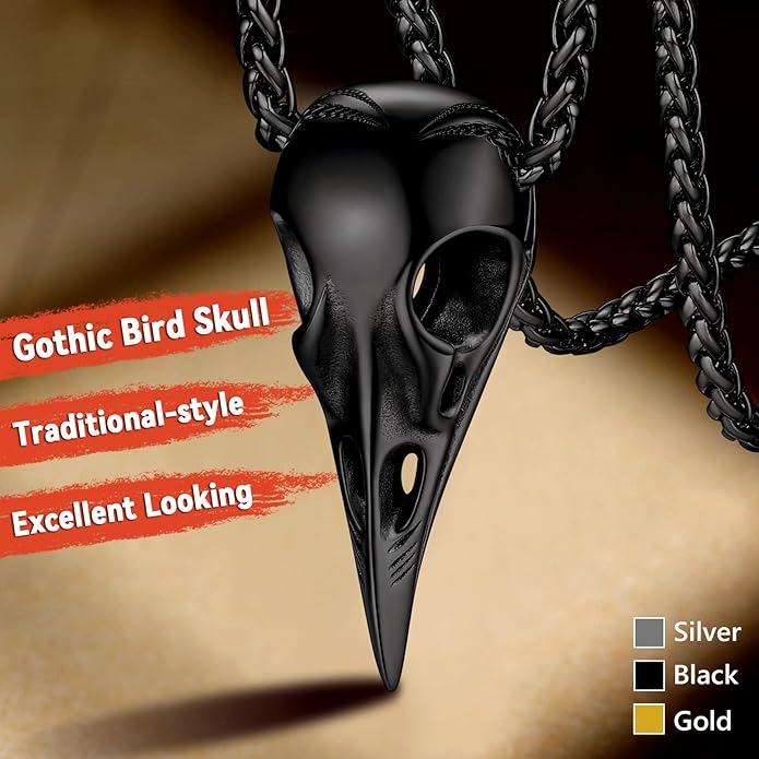FaithHeart Viking Raven Necklace for Men, Norse Mythology Raven Skull Pendant Sturdy Stainless Steel Amulet Jewelry Gift for Men