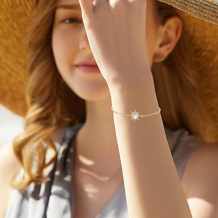 Sun Bracelet/Anklet 925 Sterling Silver Moonstone Star Sunburst Adjustable Ankle Bracelet Star Celestial Jewelry for Women Daughter Friend Sister