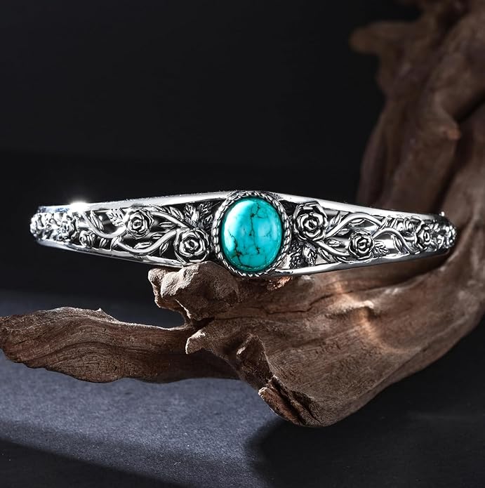 Genuine Turquoise Vintage Rose Bracelet, Sterling Silver Boho Adjustable Bangle Cuff Native American Jewelry for Women, Fit for 6.5 7 7.5 Inches