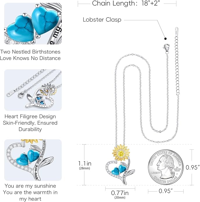 PERJI Valentine's Day Gifts for Women - 925 Sterling Silver Double Birthstone Sunflower Necklace, Anniversary Birthday Jewelry You are My Sunshine Gifts for Wife Couple Girlfriend 18"+2" Non Tarnish