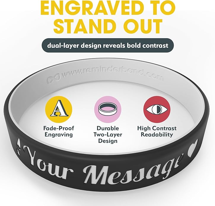 Reminderband Custom 100% Silicone Luxe Wristbands – Personalized Motivational Bracelets, Bulk Rubber Bands for Events, Fundraisers, Awareness, Gifts - Hypoallergenic Bands