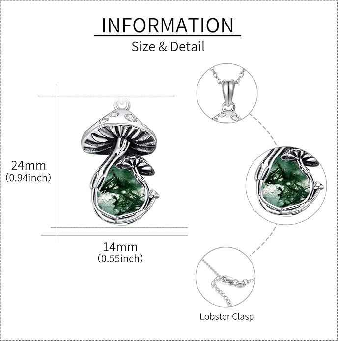 YAFEINI Mushroom Necklace Moonstone/Moss Agate/Malachite/Labradorite/Turquoise/Amber/Larimar/Black Onyx/Lapis Lazuli/Peridot/Opal Sterling Silver Mushroom Pendant Mother's Day Jewelry for Women Mom