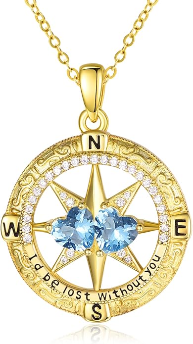 Zeuslia Double Birthstone Necklace Gifts for Wife - 925 Sterling Silver Sunflower/Rose/Crown Cross/Compass/Heart Pendant I Love You Necklace, Anniversary Birthday Gifts for Wife Girlfriend Mom Her