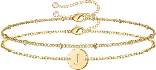MONOZO Gold Initial Bracelets for Women Girls Christmas Gifts - Dainty 14K Gold Plated Layered Beaded Letter Initial Bracelet 26 Alphabet Disc Monogram Charm Bracelet Jewelry Christmas Gifts for Women