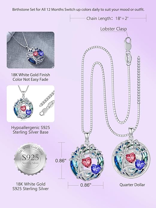 TOUPOP s925 Sterling Silver Family Celtic Tree of Life Pendant Necklaces with 2 Heart Birthstone with Blue Austrian Crystal Jewelry Birthday Anniversary Christmas Gifts for Her Wife Girlfriend Mom (18K Real White Gold Filled)