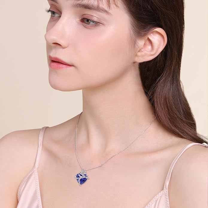 Birthstone Necklace for Women 925 Sterling Silver Love Heart Rose Flower Necklace Dainty Jewelry Gifts for Women Wife Girlfriend Mother Daughter Her