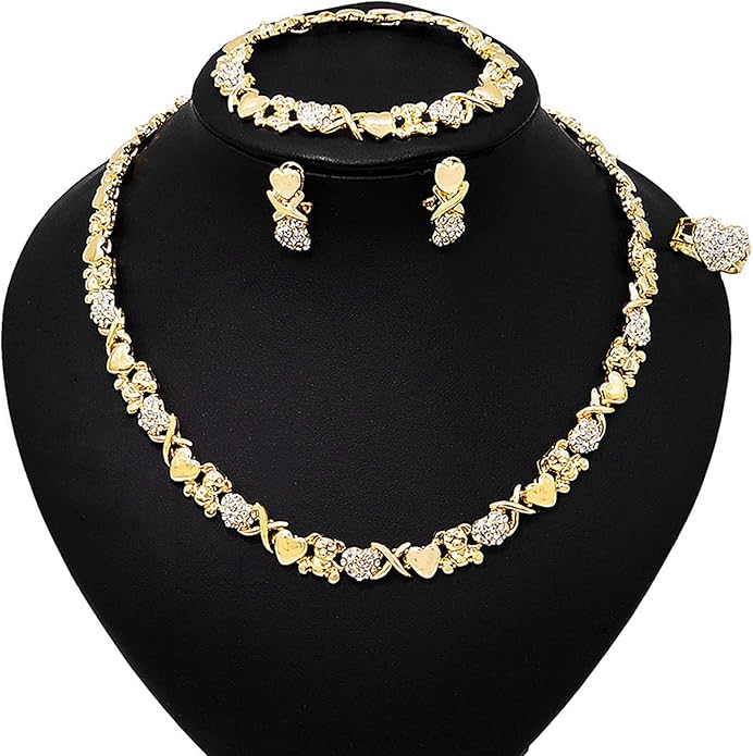 Gold Jewelry Sets for Women 18K Gold/Silver Filled Jewelry Necklace Set Wedding Bridal Fashion Jewelry Sets Women Accessories Bracelets Earrings and Rings Sweetheart Gifts