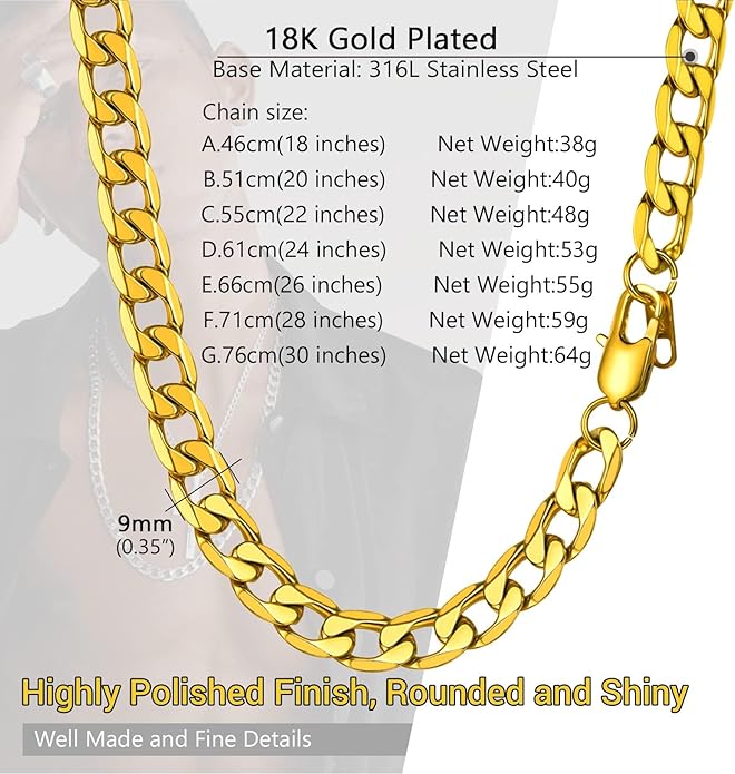 PROSTEEL 316L Stainless Steel Cuban Link Chain Necklaces for Men, Black/18K Gold Plated, Hypoallergenic Jewelry, 4mm-13mm, 14"-30", Come with Box