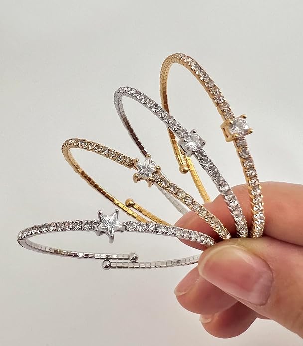 OZEL – Women’s Gold Cuff Bracelets – 18K Gold Plated Textured Bangles with Multi-Color Crystal & Rhinestone Accents – Layered Stacking Jewelry
