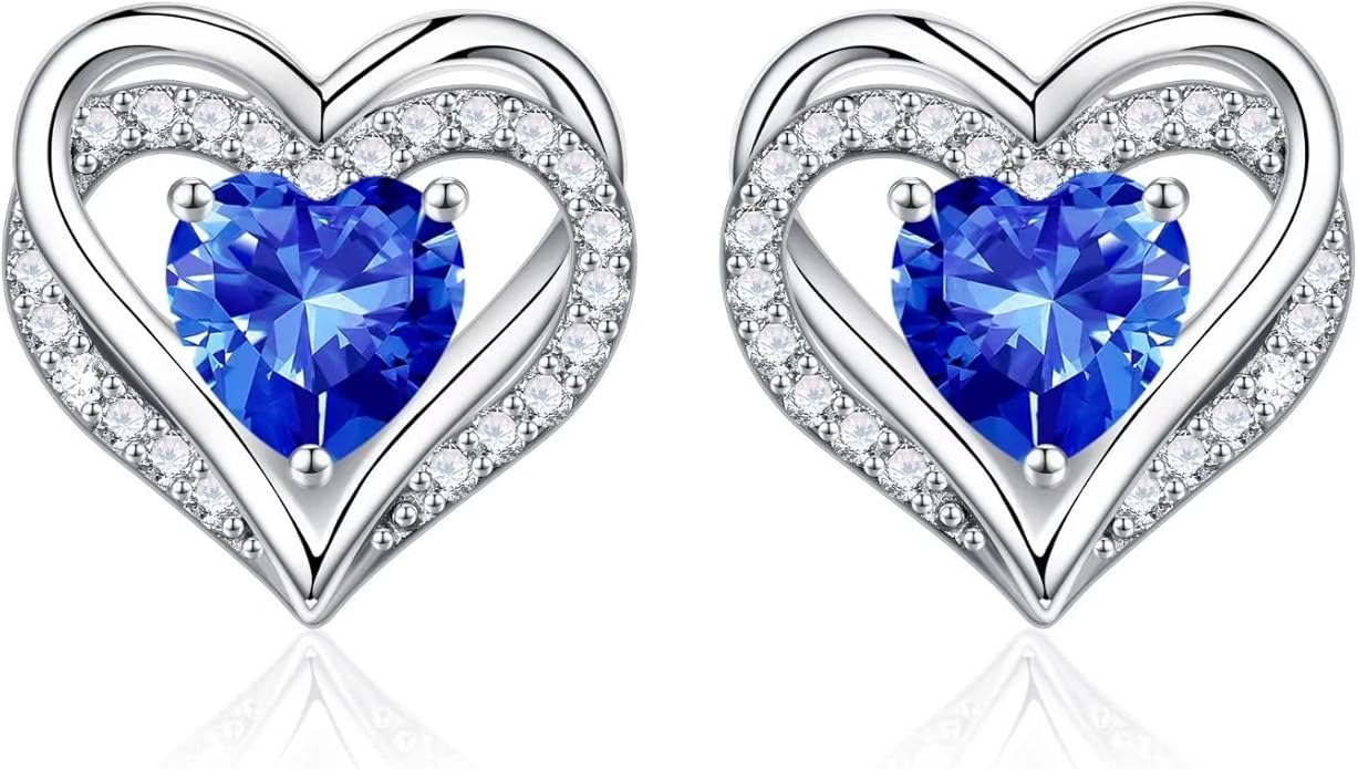 Iefil Birthstone Earrings for Women, 925 Sterling Silver Heart Stud Earrings Birthday Gifts for Women