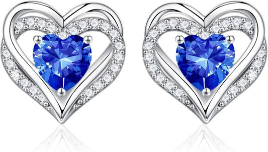 Iefil Birthstone Earrings for Women, 925 Sterling Silver Heart Stud Earrings Birthday Gifts for Women