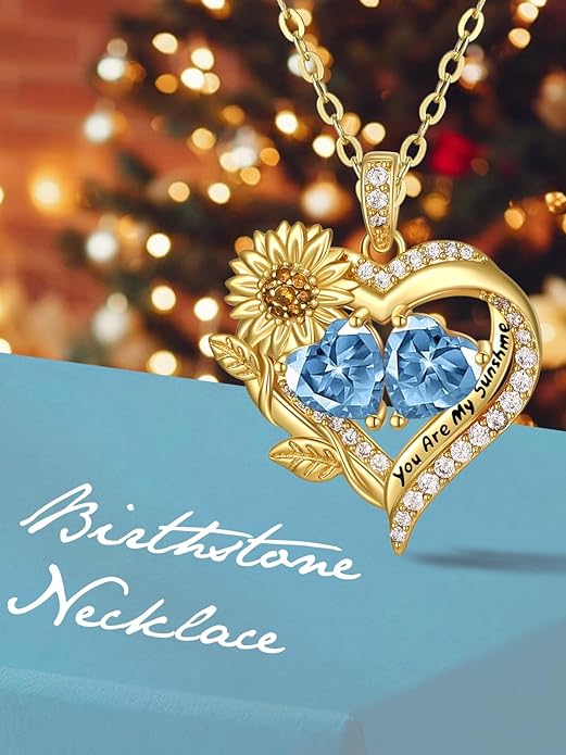 Sunflower Heart Necklace for Women 14K Gold Exquisite Anniversary Birthday Gifts for Wife Mother Her Double Birthstone Pendant jewelry‘You Are My Sunshine’
