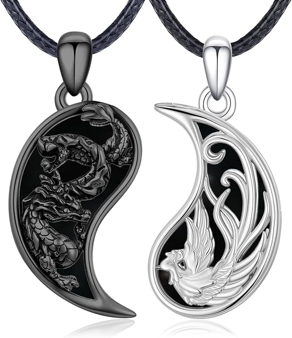 OHAYOO Dragon Phoenix Matching Necklace for Couples 925 Sterling Silver Yin Yang Pendant Necklaces for Couples Jewelry for Him and Her