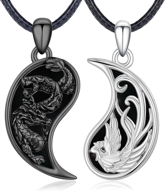 OHAYOO Dragon Phoenix Matching Necklace for Couples 925 Sterling Silver Yin Yang Pendant Necklaces for Couples Jewelry for Him and Her