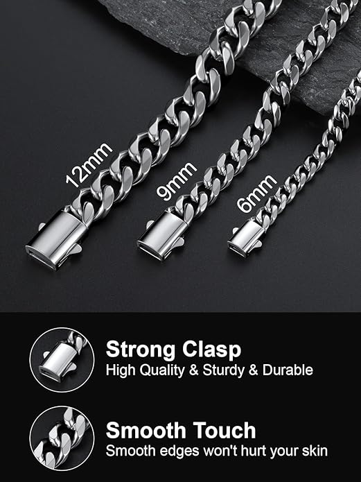 U7 Cuban Link Chain Necklace for Men, Stainless Steel/Black/Gold Mens Necklaces, Chunky Curb Chain Necklace in 6/9/12mm Width 18-30 Inches, Thick Choker Jewelry with Box Packed