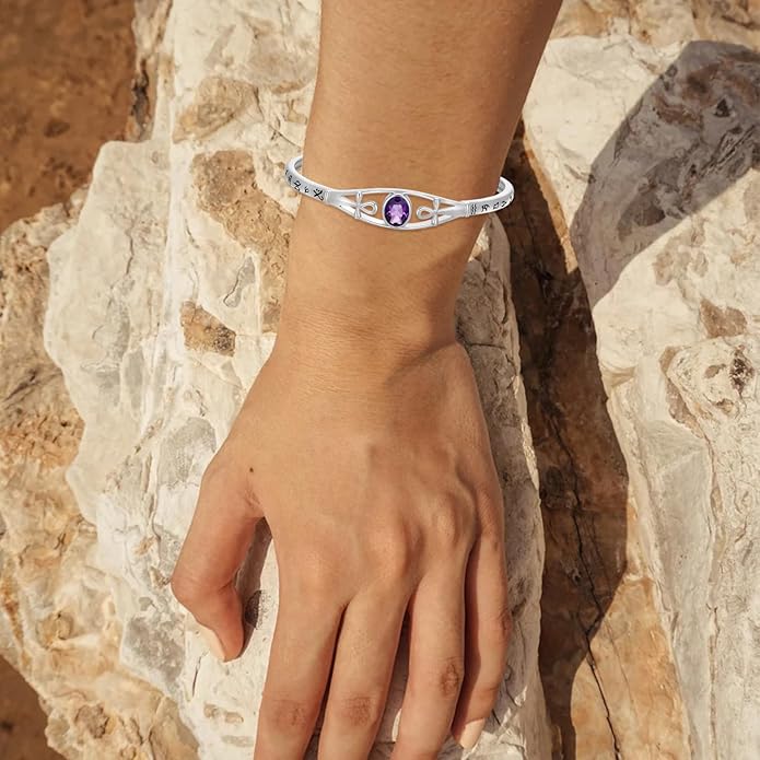 Amethyst Ankh Cross Cuff Bracelet Sterling Silver Egyptian Protection Bangle, February Birthstone Gift for Her Purple Crystal Healing Jewelry