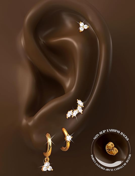 Florideco 925 Sterling Silver Earrings for Women Trendy Hypoallergenic Small Gold Hoop Earrings 14K Gold Plated Stud Earring Sets for Multiple Piercing CZ Ear Cuff Cartilage Earring Stacks
