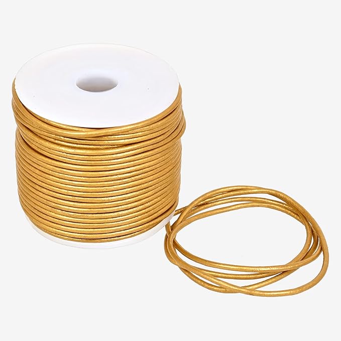 GENIQUE Real/Genuine Round Leather String Cord for Necklace, Bracelets, Jewelry, Kumihimo Braiding, DIY Projects (20 Metres) (1.5mm, Gold Metallic)