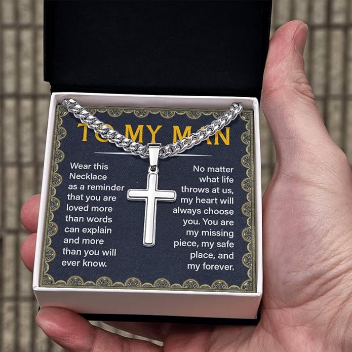 FLAGISTA To My Man Cross Necklace, Stainless Steel Cross Pendant with Adjustable Cuban Link Chain, Meaningful Gift for Him.