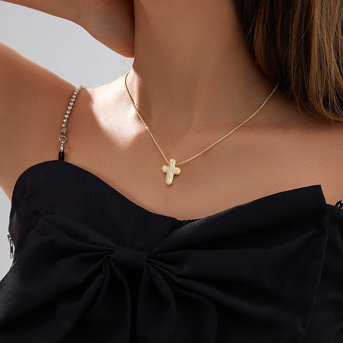 Partm Gold Cross Necklace for Women 14K Plated Dainty Pendant Cross Chain Faith Crucifix Choker Baptism Necklace for Women Trendy Religious Jewelry Hypoallergenic
