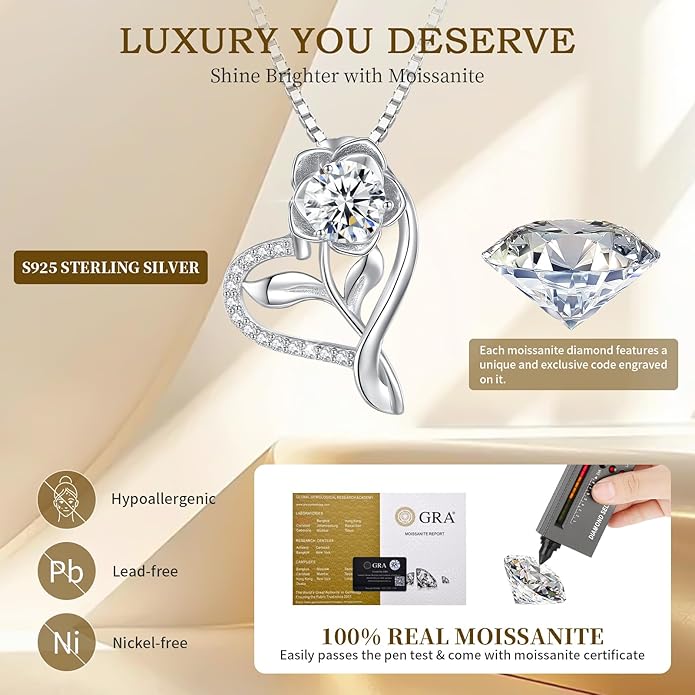 Moissanite Heart Necklaces for Women, 18K White Gold Plated 925 Sterling Silver 1-3CT Moissanite Pendant Jewelry Wedding Anniversary Birthday Christmas Gifts for Wife Mom Girlfriend Sister Grandma