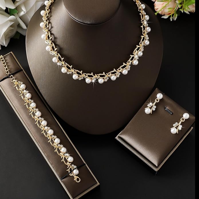 la luen Pearl Bride Wedding Jewelry Set Faux Pearls Crystal Rhinestone Necklace Earrings Bracelet Sets for Women Bridesmaid(3 PCS)