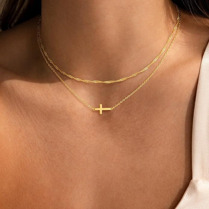 Cross Necklace for Women Dainty 14K Real Silver Gold Plated Layered Cross Pendant Necklace Stack Simple Trendy Cute Charm Choker Necklaces Jewelry Gift for Women Teen Her