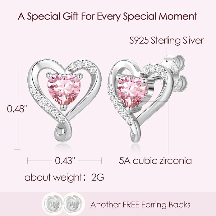 Earrings for Women, S925 Sterling Silver Rose Gold Birthstone Heart Studs Earring for Girlfriend Wife, Anniversary Birthday Christmas Valentines Mothers Day Gifts Jewelry for Women Wife Her Mom