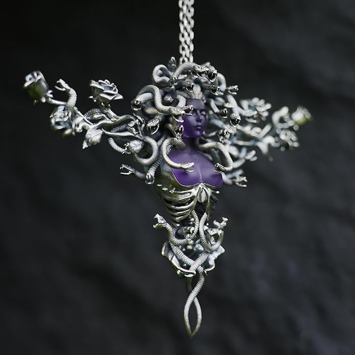 Medusa Pendant Brooch | Gothic Fashion Jewelry with Purple Crystal | Statement Myth-Inspired Accessory for Women