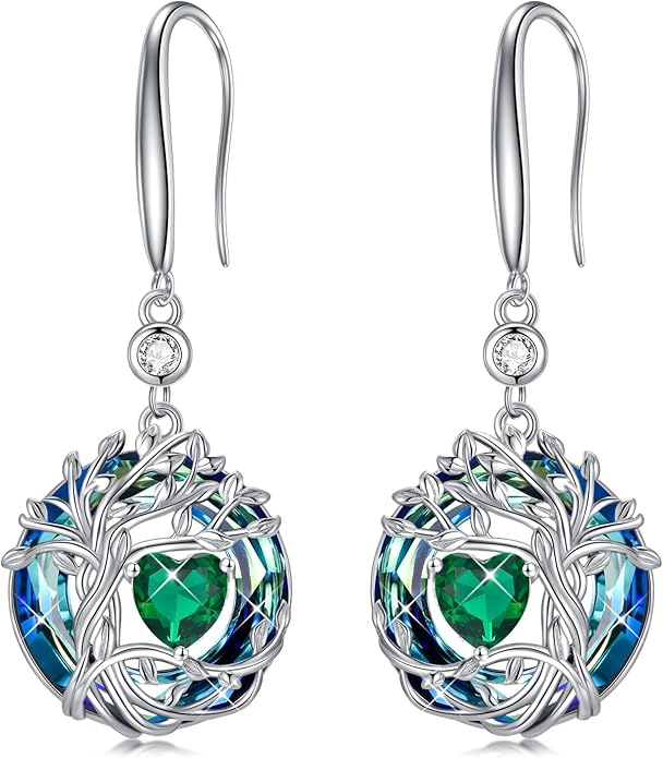 TOUPOP Tree of Life Birthstone Earrings for Women 925 Sterling Silver Family Tree Dangle Earrings Austrian Crystal Jewelry Birthday Christmas Gifts for Her Girlfriend Wife Mom