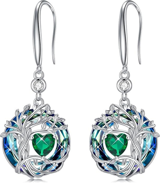 TOUPOP Tree of Life Birthstone Earrings for Women 925 Sterling Silver Family Tree Dangle Earrings Austrian Crystal Jewelry Birthday Christmas Gifts for Her Girlfriend Wife Mom