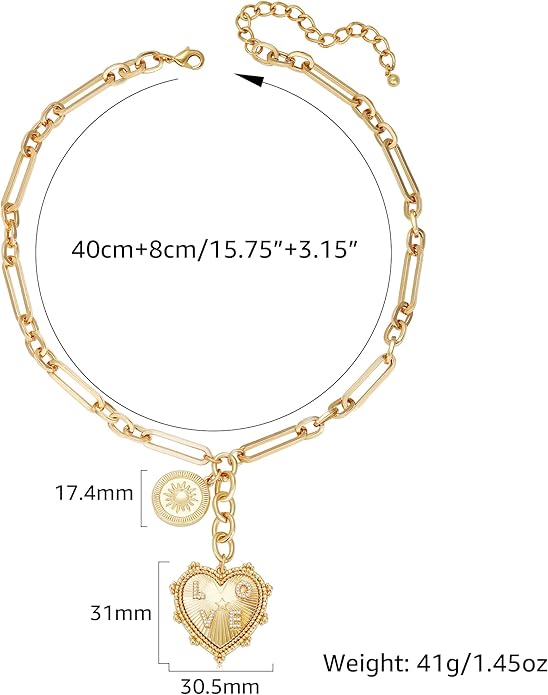 Chunky Gold Necklace for Women, 18K Waterproof Heart Necklace Statement Necklace Gold Charm Necklace Chunky Jewelry Paperclip Chain Choker Gift for Women