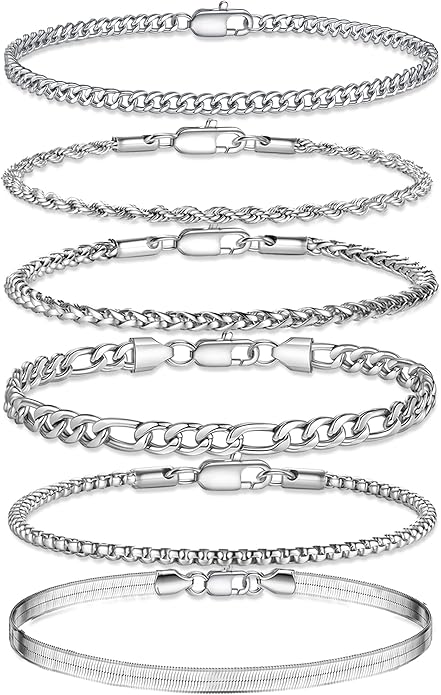 Yoosteel Mens Bracelets - Silver Chain Bracelet Stainless Steel Cuban Link Stack Bracelets Sturdy Rope Paperclip Chains Set 7.5/8.3/9 inches Trendy Jewelry for Men