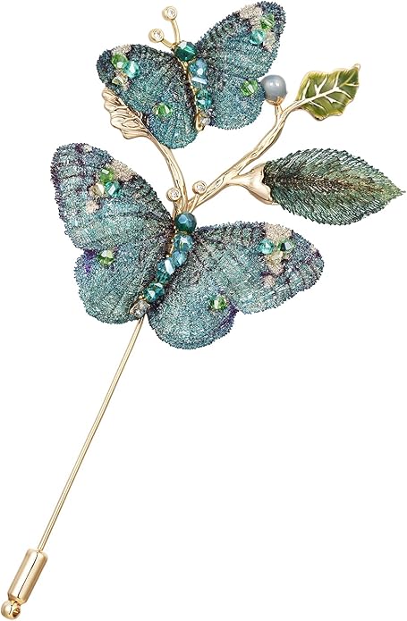 Handmade Embroidery Flower Brooch Pins for Women, SHE'S FREE STYLE JUST FOR YOU Luxury Gradient Stitching Floral Brooch Pins with Crystal stamen, Enamel Metal Butterfly with Green Leaves, Hand Dripping Oil Jewelry pins