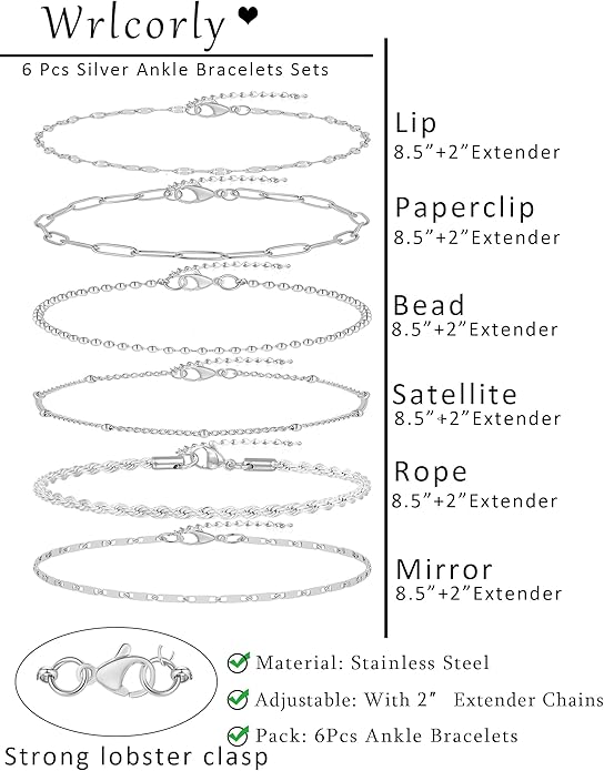 6PCS 18k Gold Plated Stainless Steel Ankle Bracelets for Women Waterproof Layered Herringbone Figaro Bead Paperclip Rope Tennis Box Cuban Link Rolo Satellite Chain Anklets Set Gold Tone