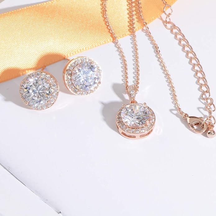 Bridal Crystal Jewelry Set - Sterling Silver Round Cubic Zirconia CZ Rhinestone Halo Birthstone Pendant Necklace Stud Earrings Set for Wedding Bride Bridesmaids Birthday Gift