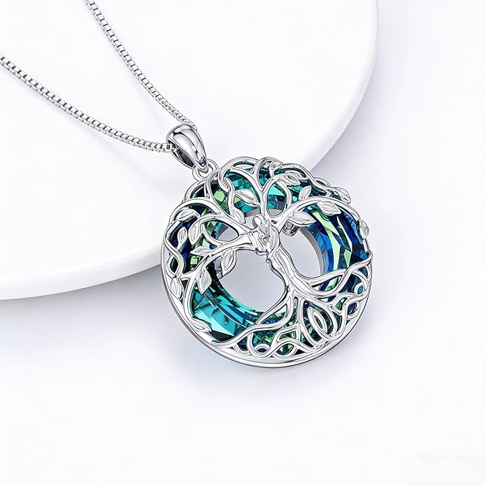 HOTIE Tree of Life Crystal Necklace for Women Sterling Silver Couples Hug Tree Pendant Necklaces Gifts for Wife Anniversary Birthday Christmas