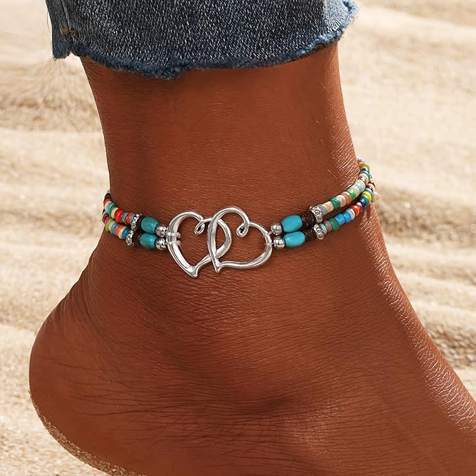 Shell Ankle Bracelet Set for Women, Gold Plated Boho Bead Adjustable Anklet, Hawaiian Beach Seashell Pearl Heart Starfish Conch Foot Jewelry Gifts