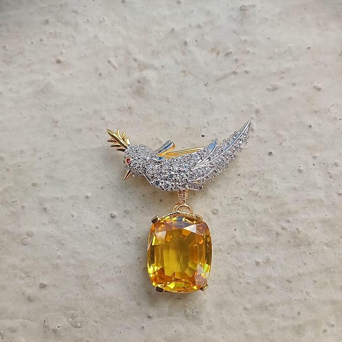 3.00 Ct Cushion Simulated Yellow Citrine & Diamond Women Bird Brooch 14K Yellow Gold Finish