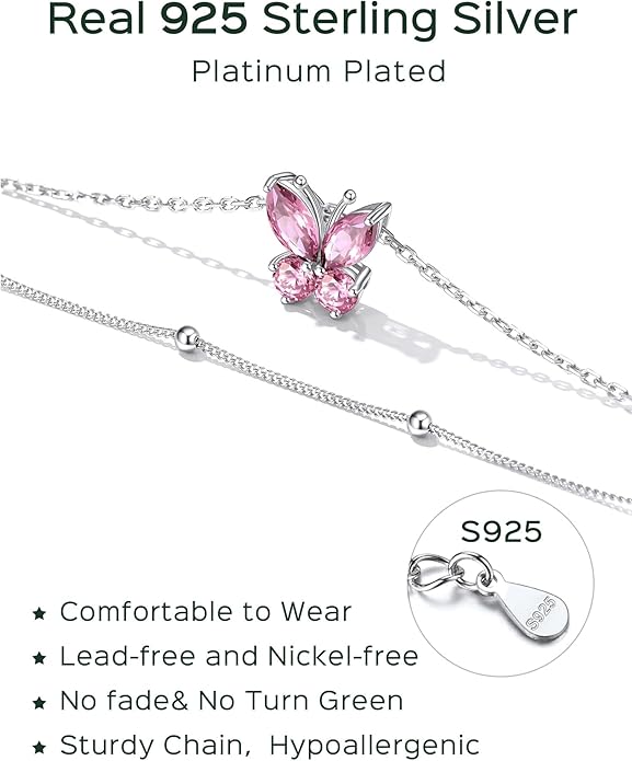 ChicSilver 925 Sterling Silver Anklets for Women Waterproof, Sparkling Birthstone Ankle Bracelets for Women, Adjustable Layered Butterfly Anklet Summer Beach Jewelry