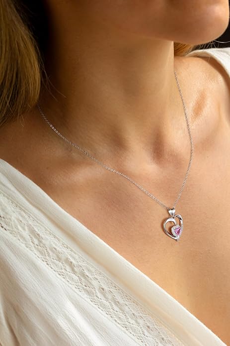GLIVEOR Heart Birthstone Necklace for Women,S925 Sterling Silver Necklace Birthstone Necklace Heart Necklace for Women Birthday Jewelry Gifts for Women